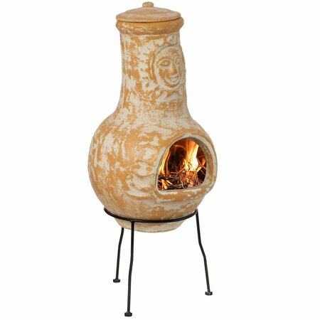 VINTIQUEWISE Outdoor Clay Chiminea Fireplace Sun Design Wood Burning Fire Pit with Metal Stand, Terra Cotta QI004631.TC